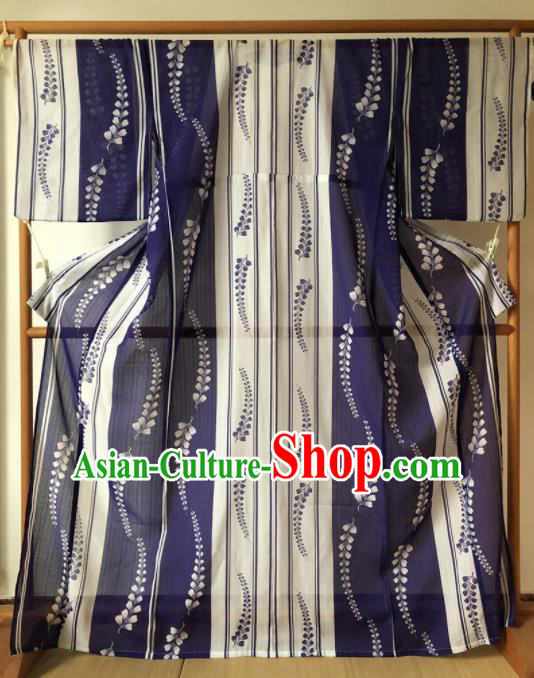 Japanese Traditional Costume Geisha Printing Royalblue Furisode Kimono Asian Japan Yukata Dress for Women