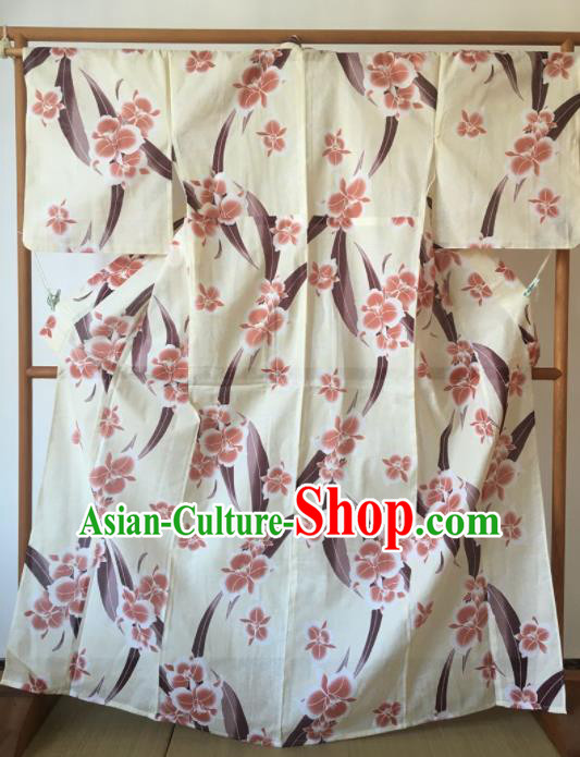 Japanese Traditional Costume Geisha Printing Flowers White Furisode Kimono Asian Japan Yukata Dress for Women