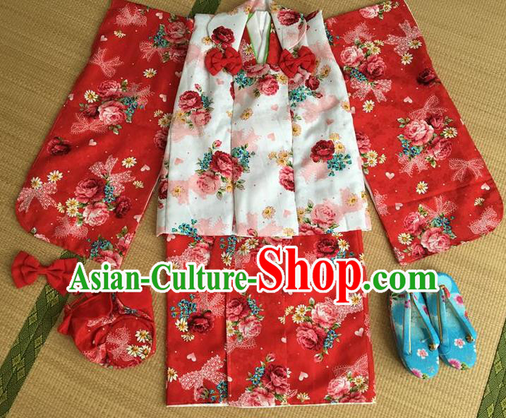 Japanese Traditional Handmade Printing Roses Red Kimono Dress Asian Japan Girls Yukata Costume for Kids