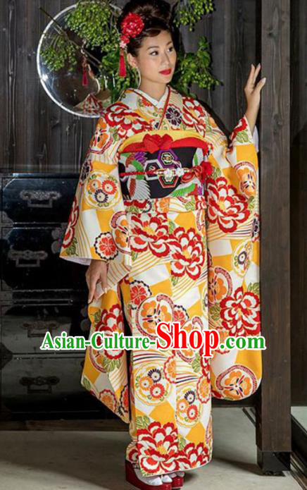Japanese Traditional Costume Geisha Printing Yellow Furisode Kimono Asian Japan Yukata Dress for Women