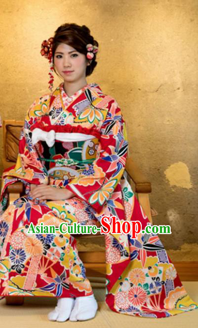 Japanese Traditional Costume Okuni Printing Furisode Kimono Asian Japan Geisha Yukata Dress for Women