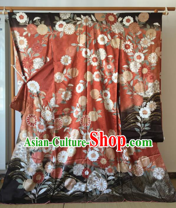 Japanese Traditional Costume Okuni Printing Sunflower Red Furisode Kimono Asian Japan Geisha Yukata Dress for Women