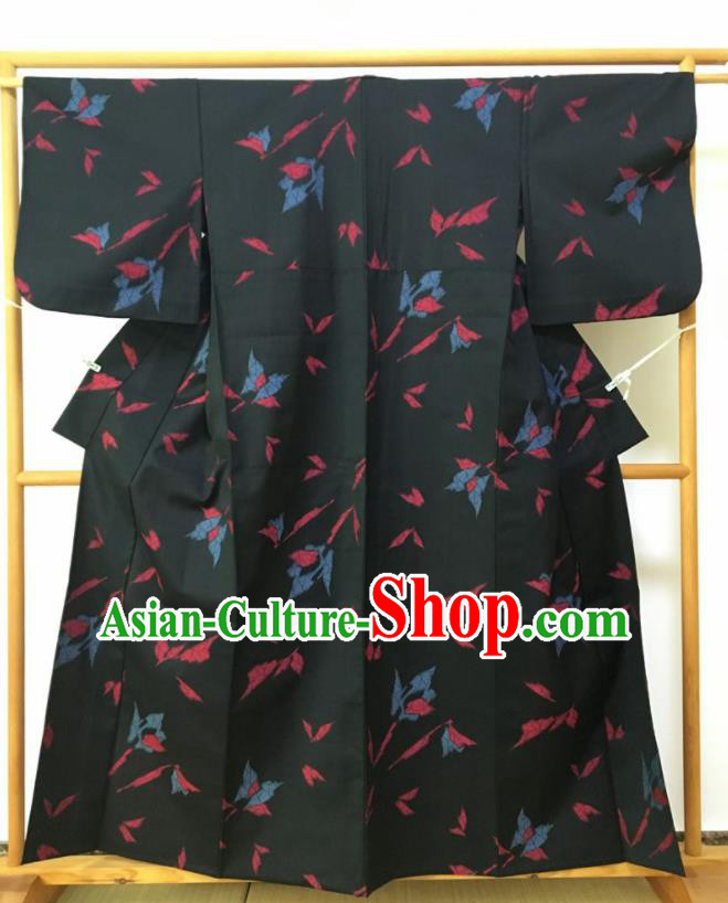 Japanese Traditional Costume Classical Printing Butterfly Black Furisode Kimono Asian Japan Geisha Yukata Dress for Women