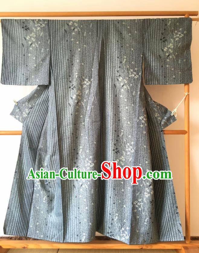 Japanese Traditional Grey Furisode Kimono Asian Japan Geisha Yukata Dress Costume for Women