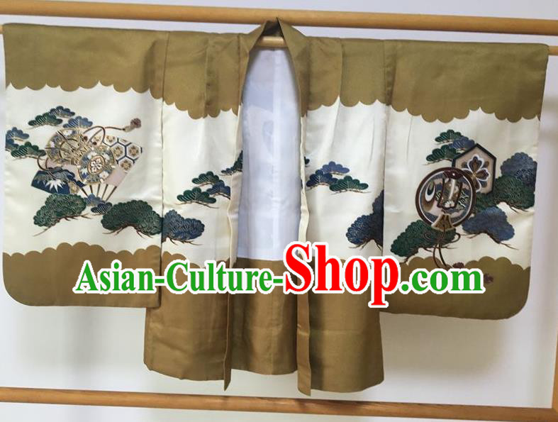 Japanese Traditional Handmade Printing Pine Khaki Haori Coat Kimono Asian Japan Boys Yukata Costume for Kids