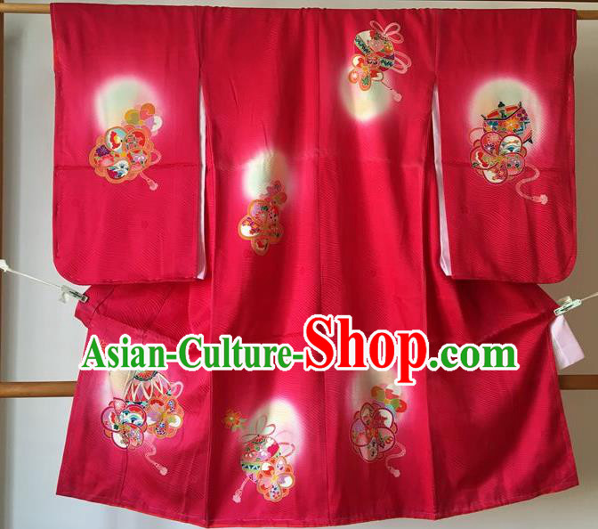 Japanese Traditional Handmade Printing Furisode Kimono Asian Japan Printing Red Yukata Costume for Kids