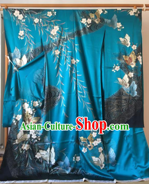 Japanese Traditional Costume Okuni Printing Butterfly Blue Furisode Kimono Asian Japan Geisha Yukata Dress for Women