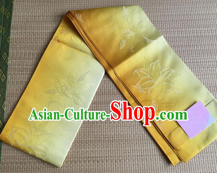 Japanese Traditional Court Yukata Classical Peony Pattern Golden Brocade Belts Asian Handmade Japan Geisha Kimono Waistband for Women