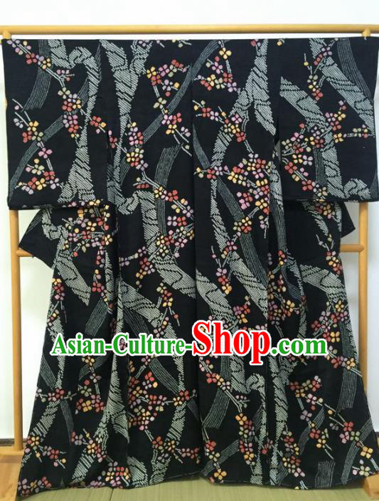 Japanese Traditional Printing Black Furisode Kimono Asian Japan Geisha Yukata Dress Costume for Women