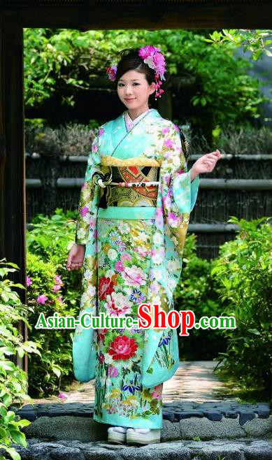 Japanese Traditional Green Furisode Kimono Asian Japan Costume Geisha Yukata Dress for Women