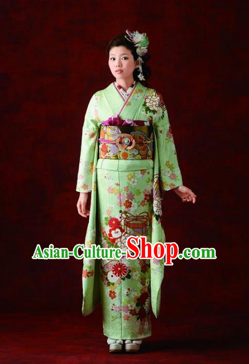 Japanese Traditional Printing Peony Green Furisode Kimono Asian Japan Costume Geisha Yukata Dress for Women