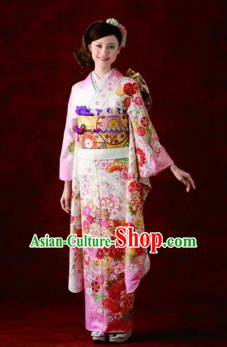 Japanese Traditional Printing Peony Pink Furisode Kimono Asian Japan Costume Geisha Yukata Dress for Women