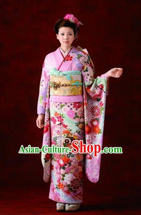 Japanese Traditional Printing Chrysanthemum Pink Furisode Kimono Asian Japan Costume Geisha Yukata Dress for Women