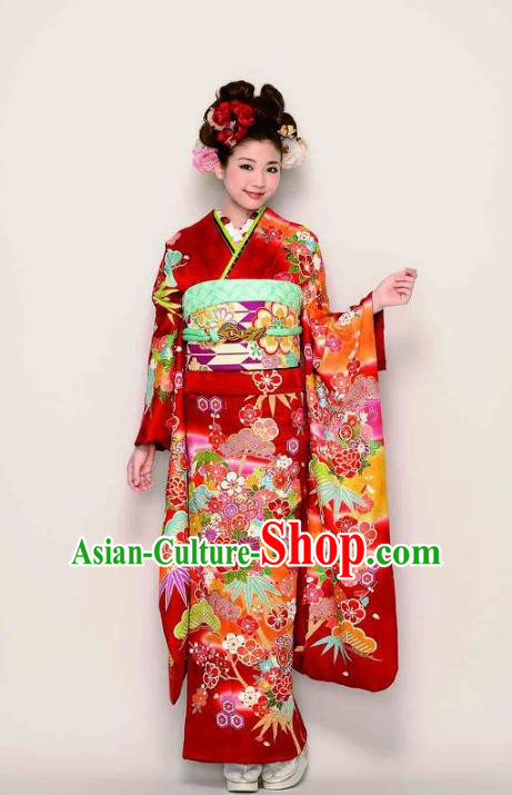 Japanese Traditional Printing Peony Red Furisode Kimono Asian Japan Costume Geisha Yukata Dress for Women