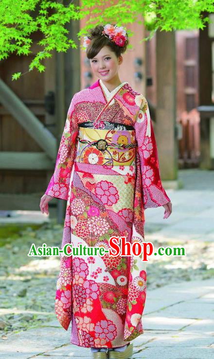 Japanese Traditional Printing Rosy Furisode Kimono Asian Japan Costume Geisha Yukata Dress for Women