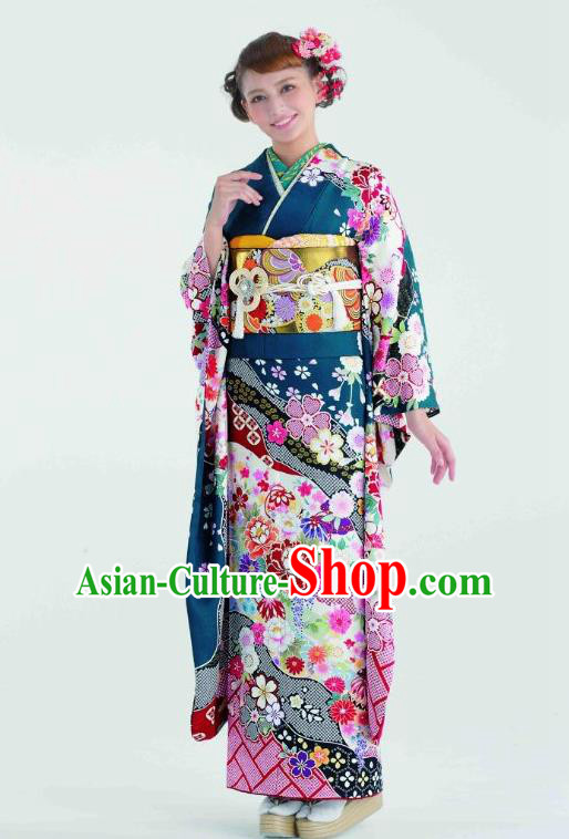 Japanese Traditional Printing Peacock Blue Furisode Kimono Asian Japan Costume Geisha Yukata Dress for Women