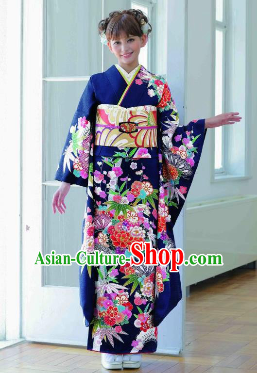 Japanese Traditional Printing Peony Bamboo Navy Furisode Kimono Asian Japan Costume Geisha Yukata Dress for Women