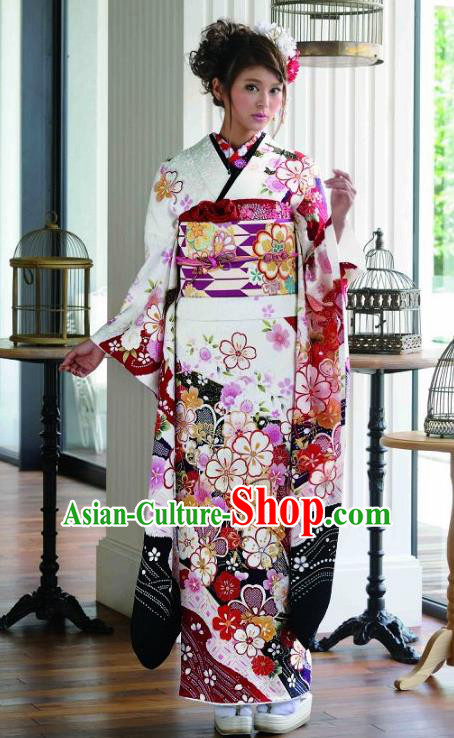 Japanese Traditional Printing Sakura White Furisode Kimono Asian Japan Costume Geisha Yukata Dress for Women