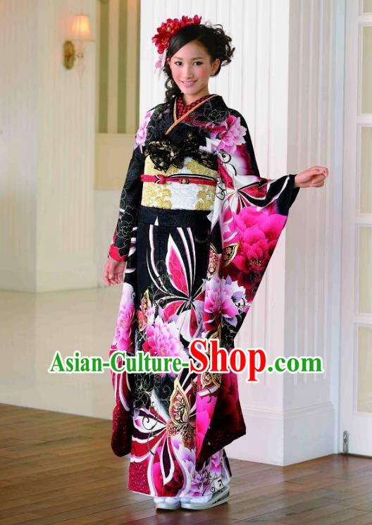 Japanese Traditional Printing Peony Black Furisode Kimono Asian Japan Costume Geisha Yukata Dress for Women