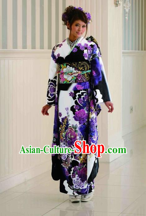 Japanese Traditional Printing Purple Peony Furisode Kimono Asian Japan Costume Geisha Yukata Dress for Women