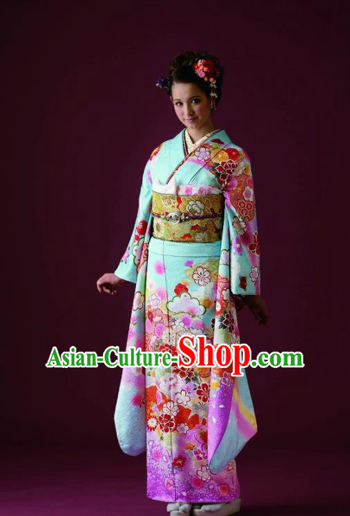 Japanese Traditional Printing Sakura Green Furisode Kimono Asian Japan Costume Geisha Yukata Dress for Women