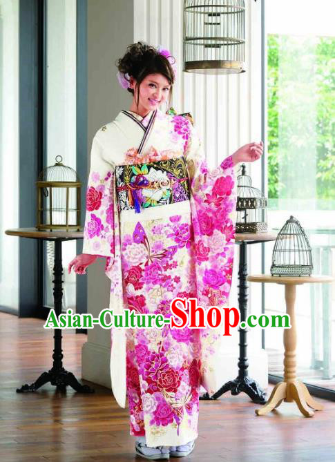 Japanese Traditional Printing Peony Flowers White Furisode Kimono Asian Japan Costume Geisha Yukata Dress for Women