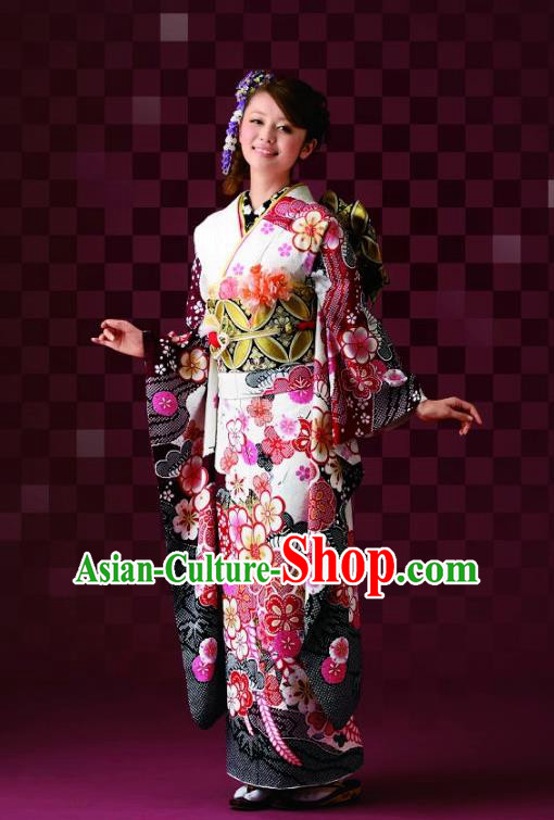 Japanese Traditional Printing Sakura Furisode Kimono Asian Japan Costume Geisha Yukata Dress for Women