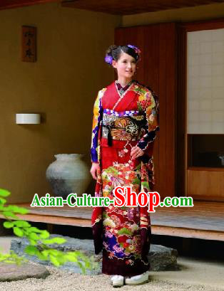 Japanese Traditional Printing Iromuji Red Furisode Kimono Asian Japan Costume Geisha Yukata Dress for Women