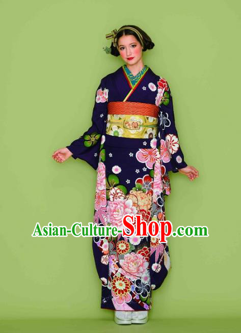 Japanese Traditional Printing Iromuji Navy Furisode Kimono Asian Japan Costume Geisha Yukata Dress for Women
