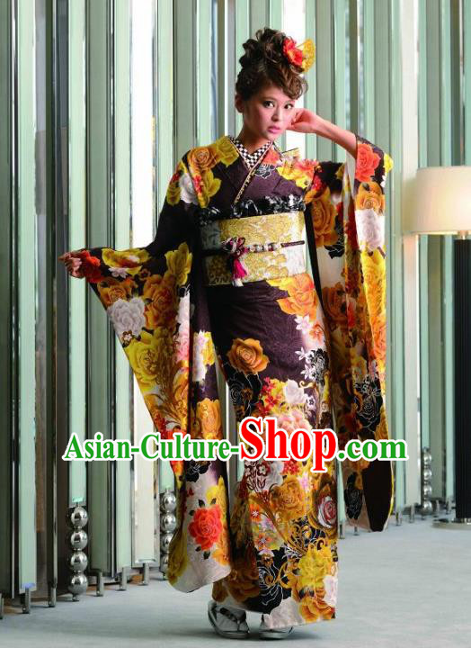 Japanese Traditional Printing Iromuji Deep Purple Furisode Kimono Asian Japan Costume Geisha Yukata Dress for Women