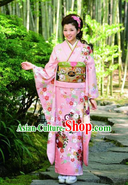 Japanese Traditional Printing Iromuji Pink Furisode Kimono Asian Japan Costume Geisha Yukata Dress for Women