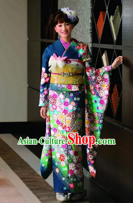 Japanese Traditional Printing Iromuji Peacock Blue Furisode Kimono Asian Japan Costume Geisha Yukata Dress for Women