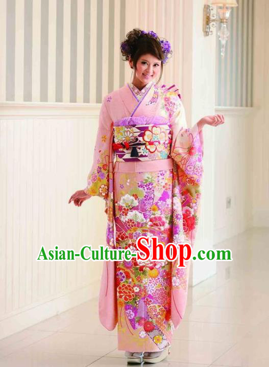 Japanese Traditional Printing Peony Iromuji Pink Furisode Kimono Asian Japan Costume Geisha Yukata Dress for Women