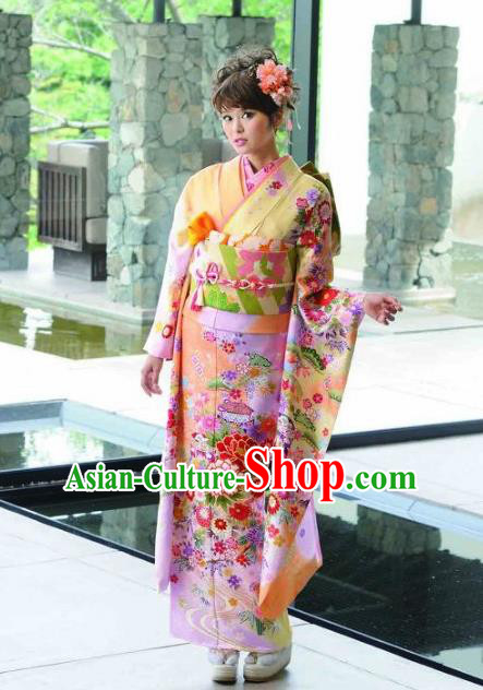 Japanese Traditional Printing Peony Iromuji Yellow Furisode Kimono Asian Japan Costume Geisha Yukata Dress for Women