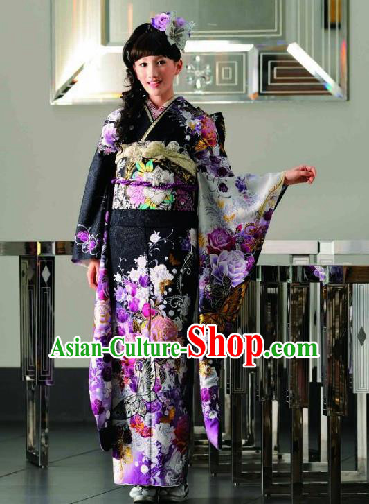 Japanese Traditional Printing Roses Iromuji Black Furisode Kimono Asian Japan Costume Geisha Yukata Dress for Women