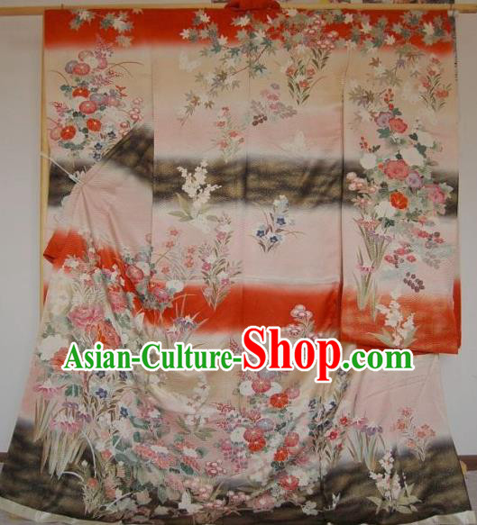 Japanese Traditional Printing Pink Silk Furisode Kimono Asian Japan Costume Geisha Yukata Dress for Women