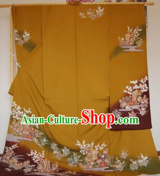 Japanese Traditional Printing Ginger Silk Furisode Kimono Asian Japan Costume Geisha Yukata Dress for Women