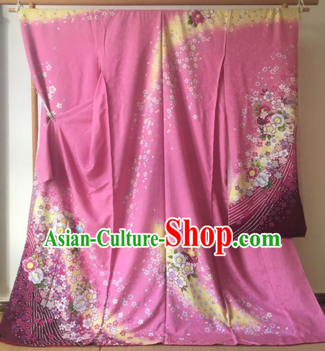Japanese Traditional Printing Rosy Silk Furisode Kimono Asian Japan Costume Geisha Yukata Dress for Women