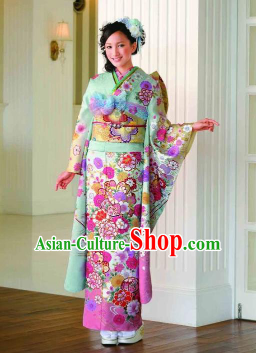 Japanese Traditional Printing Peony Iromuji Light Green Furisode Kimono Asian Japan Costume Geisha Yukata Dress for Women