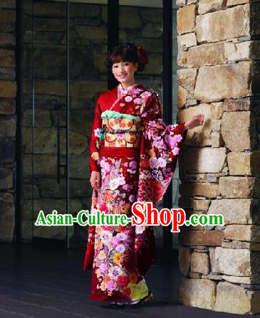 Japanese Traditional Printing Iromuji Red Furisode Kimono Asian Japan Costume Geisha Yukata Dress for Women