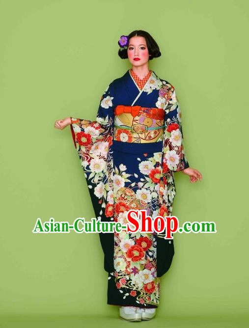 Japanese Traditional Printing Iromuji Navy Furisode Kimono Asian Japan Costume Geisha Yukata Dress for Women