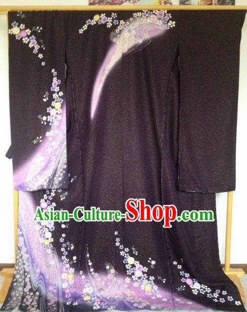 Japanese Traditional Printing Black Furisode Kimono Asian Japan Costume Geisha Yukata Dress for Women