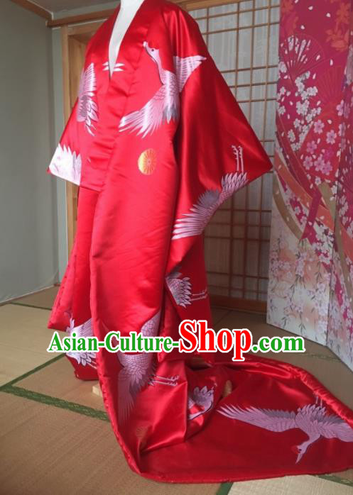 Japanese Traditional Courtesan Red Silk Furisode Kimono Asian Japan Costume Geisha Yukata Dress for Women