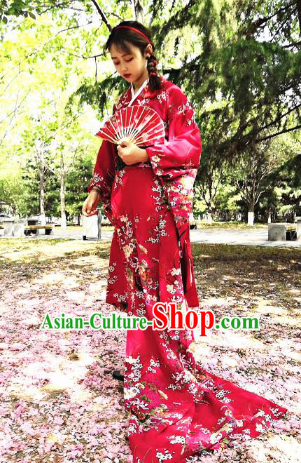 Japanese Traditional Court Courtesan Red Furisode Kimono Asian Japan Costume Geisha Yukata Dress for Women