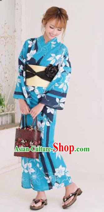 Japanese Traditional Blue Kimono Asian Japan Costume Geisha Yukata Dress for Women