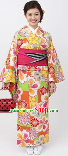Japanese Traditional Printing Sakura Orange Kimono Asian Japan Costume Geisha Yukata Dress for Women