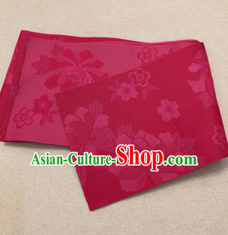 Japanese Traditional Peony Pattern Wine Red Brocade Yukata Waistband Asian Japan Handmade Kimono Belts for Women