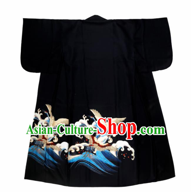 Traditional Japanese Classical Printing Cranes Black Kimono Asian Japan Costume Geisha Yukata Dress for Women