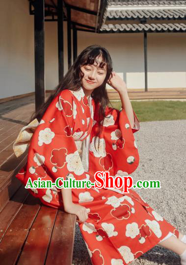Traditional Japanese Classical Printing Sakura Red Kimono Asian Japan Costume Geisha Yukata Dress for Women