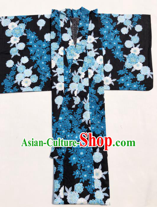 Traditional Japanese Classical Printing Blue Flowers Kimono Asian Japan Costume Geisha Yukata Dress for Women